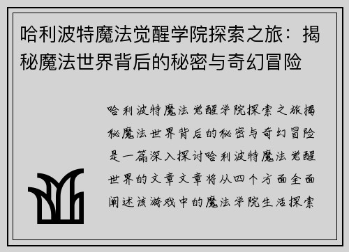 哈利波特魔法觉醒学院探索之旅：揭秘魔法世界背后的秘密与奇幻冒险